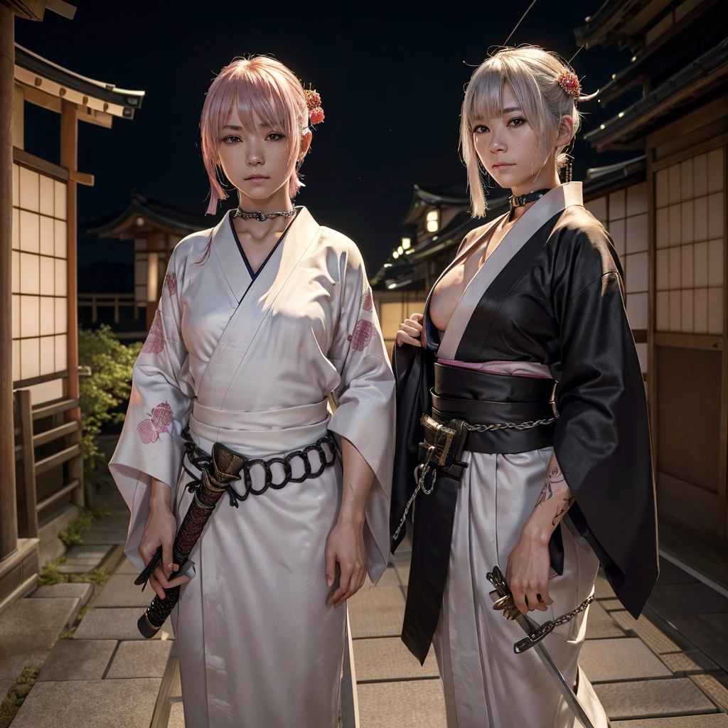 nsfw,(Highest quality:1.2),32k HDR,High resolution,Perfect Anatomy,Wet and shiny white skin,Slender model figure,Ahegao,Silver and pink hair,short hair,soaked through,Super small face,Collar and leash,Alley,Edo Town,shrine,Domestic,photo shoot,Maid,((Japanese sword)),tattoo,((whole bodyにタトゥー)),(Arms covered in tattoos),tattoo,((whole bodyにタトゥー)),(Arms covered in tattoos),(whole bodyをA body covered in tattoos), (A body covered in tattoos),((Collar with leash)),(Lockに繋がれた少女),Women in ecstasy,climax,Acme,Detailed skin texture, Detailed face, Fine grain,((whole body)),((艶やかなkimono)),(((nightの町))),((暗darkness)),((頭からfootまで)),((Lock帷子)),(((Lock))),(foot),(((Wrapped in a cloth))),((geta)),((大きなJapanese swordを構える)),(((Japanese swordを構える)),((kimono)),((Are standing)),((Wrap a cloth around your chest)),(((巨大なJapanese sword))),((Wear a black belt around your waist)),((花柄のkimono)),((Thin fabric)),((身長と同じくらいの大きさのJapanese swordを振りかぶる)),((night:1.2)),((Dim light)),((Glaring at the camera)),((Bold pose)),(((Restraints))),(((darkness))),(((moonlight:1.5))),,(((kimonoの上からLockを身体中に巻く:1.2))),(((Japanese sword:1.3))),((Lock)),((Hakama)),((Wrap the chain:1.2)),(((Two Subjects)),((Two women:1.2)),