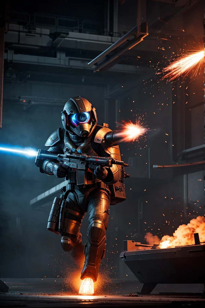 Futuristic juggernaut firing a plasma m134