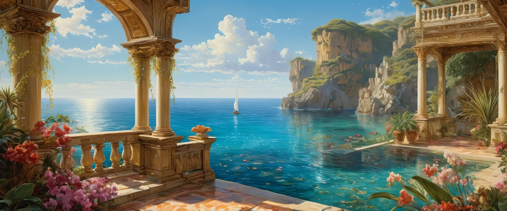 paysage mer, Eau cristalline, cocotier, fleurs exotiques, (Highly detailed CG Unit 8k wallpaper), The most beautiful work of art in the world, Professional majestic oil painting, complexe, High detail, mise au point nette, dramatique, Art of photorealist painting, Alma Tadema