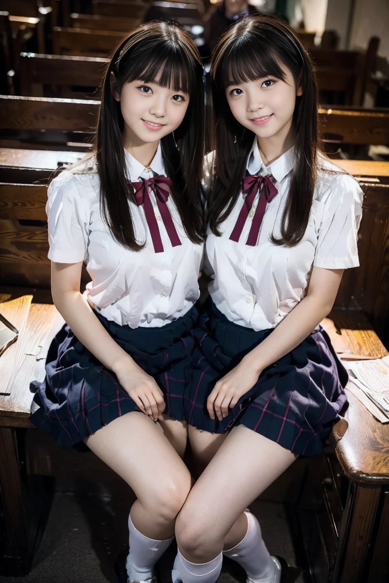 (((alone))),(((2 girls))), beautiful, Cowboy Shot, Highly detailed skin, masterpiece, Highest quality, Highly detailed face, Vibrant colors, Depth of written boundary, Cinema Lighting,Two Girls, by 2 person, Brown eyes, smile、Brown hair with bangs, hair ornaments,Long Hair,Green Check Skirt,, White shirt, ,masterpiece Highest quality 高解像度、, Long Hair, Sit with your knees bent、eight-headed body、Beautiful feet 、On campus、As if looking up from below、Embarrassing,White lace panties,Camel Toe、White socks