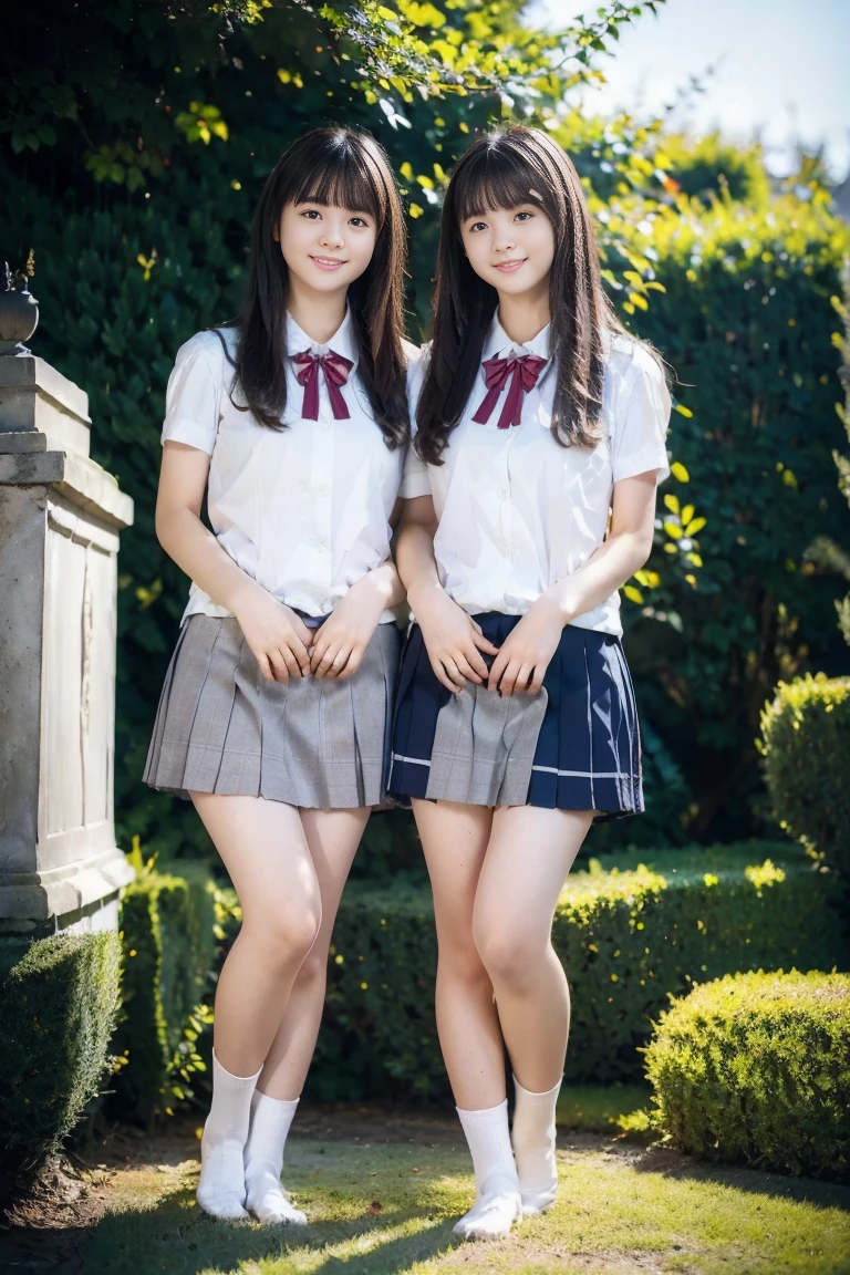 (((alone))),(((2 girls))), beautiful, Cowboy Shot, Highly detailed skin, masterpiece, Highest quality, Highly detailed face, Vibrant colors, Depth of written boundary, Cinema Lighting,Two Girls, by 2 person, Brown eyes, smile、Brown hair with bangs, hair ornaments,Long Hair,Green Check Skirt,, White shirt, ,masterpiece Highest quality 高解像度、, Long Hair, Sit with your knees bent、eight-headed body、Beautiful feet 、On campus、As if looking up from below、Embarrassing,White lace panties,Camel Toe、White socks