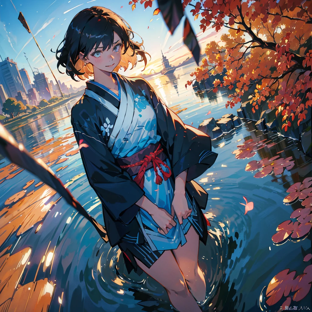 (masterpiece), (high resolution 8K), professional illustration, 1 girl, late age, standing, long shot, dutch angle, japanese clothes, kimono, medium hair, smile, erotic expression, looking away, waterfalls, clear streams, morning, natural lighting, high contrast, stunning face, symmetrical clear eyes, detailed eyes and face, Shinkai Makoto style,(kimono with a long kimono hem)
