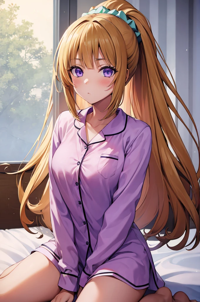 (masterpiece:1.3), (best quality:1.1), (8k, ultra detailed, ultra high res:1.2), ((anime style)), perfect 5 fingers, perfect anatomy, 
1girl,
Kei Karuizawa, 
Kei Karuizawa \(youjitsu\),
BREAK long hair, ponytail, 
yellow hair, 
purple eyes, 
hair scrunchie, 
(medium breasts:0.9), 
BREAK (Pajama Set:1.2), pink pajamas, Nightwear, 
blush, 
looking at viewer, 
cowboy shot, sitting, 
moon light, indoor, inside, on a bed, spread legs, (at night:1.2), 