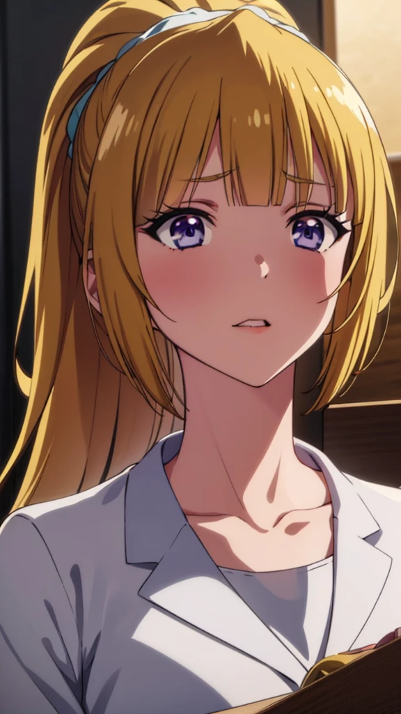 (masterpiece, top quality, best quality, official art, beautiful and aesthetic:1.2), (1girl:1.3), extremely detailed, official artstyle, highest detailed, parted lips,wallpaper, Kei Karuizawa, blonde hair, ponytail hairstyles, violet eyes, bangs, anime girl in white shirt laying in bed, an anime drawing by Kentaro Miura, pixiv, process art, anime best girl, anime visual of a cute girl, shirabii, (anime girl), seductive anime girl, anime hi-fructose, blonde anime girl with long hair, gapmoe yandere