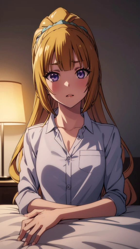 (masterpiece, top quality, best quality, official art, beautiful and aesthetic:1.2), (1girl:1.3), extremely detailed, official artstyle, highest detailed, parted lips,wallpaper, Kei Karuizawa, blonde hair, ponytail hairstyles, violet eyes, bangs, anime girl in white shirt laying in bed, an anime drawing by Kentaro Miura, pixiv, process art, anime best girl, anime visual of a cute girl, shirabii, (anime girl), seductive anime girl, anime hi-fructose, blonde anime girl with long hair, gapmoe yandere