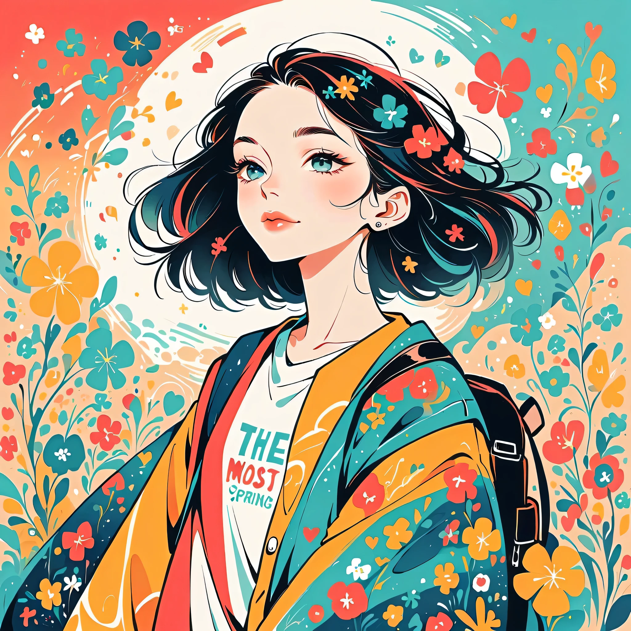 Black Star Red and White style, Stylish design,Stylish fashion,My backpack is full of happy spring,Simple Line Initialism,Abstract art,Urban Background, (((The most beautiful girl))), Lips in Love, colorful flowers