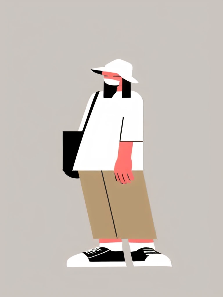 a man with a hat and a backpack standing in front of a gray background, minimalistic illustration, simple and clean illustration, 2d illustration, 2 d illustration, minimalist illustration, simple illustration, flat illustration, #illustration, illustration style, character illustration, character with a hat, digital character illustration, digital illustration, illustration | rutkowski, reduced minimal illustration