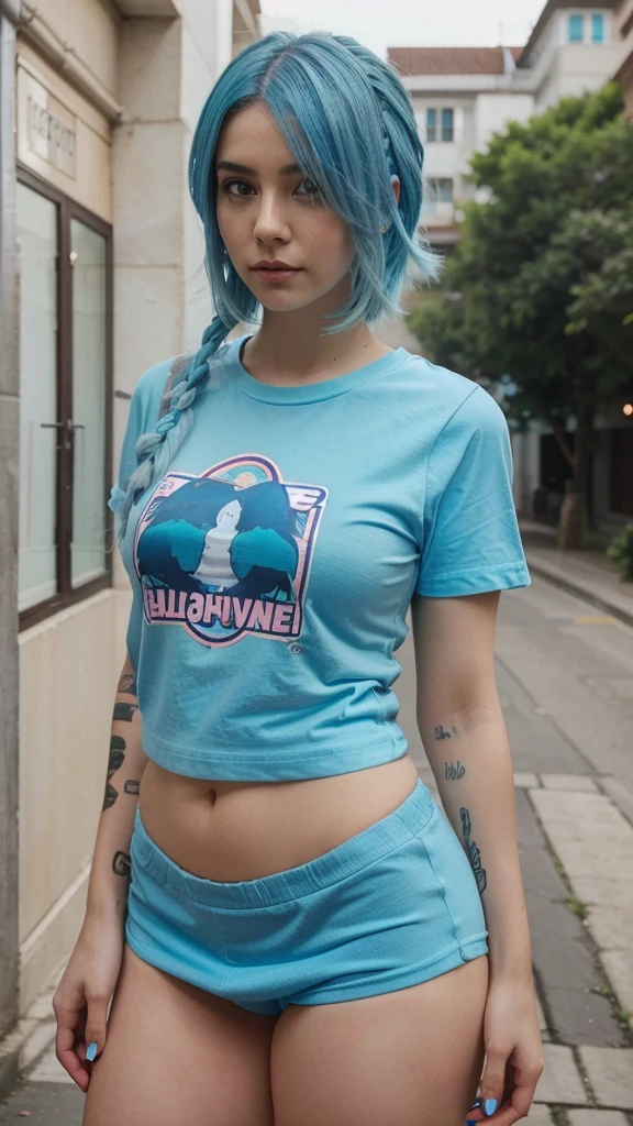 a woman with blue hair wearing a t - shirt with the word caliente, beautiful woman with blue hair, with blue hair, girl with blue hair, pretty girl with blue hair, beautiful blue haired girl, belle delphine, colombian, blue tight tshirt, caidychen, with long turquoise hair, beautiful curvy female, thicc, blue hair, blue long hair, calico, large thighs, light blue hair, short blue haired woman, pink and blue hair, casual.