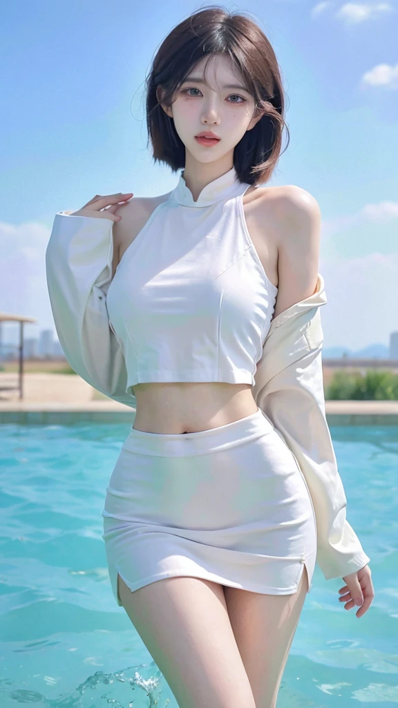 Beautiful woman with perfect figure:1.4，Swimming background，Desert Background，Ultra-high resolution，Seductive laughter，wear glasses，White legs，（lifelike：1.4），Layered Hairstyle，White skin，Black mini pleated skirt，whole body，Very delicate face and skin texture，Double eyelids，Skin Whitening，Long hair，White hair，White，