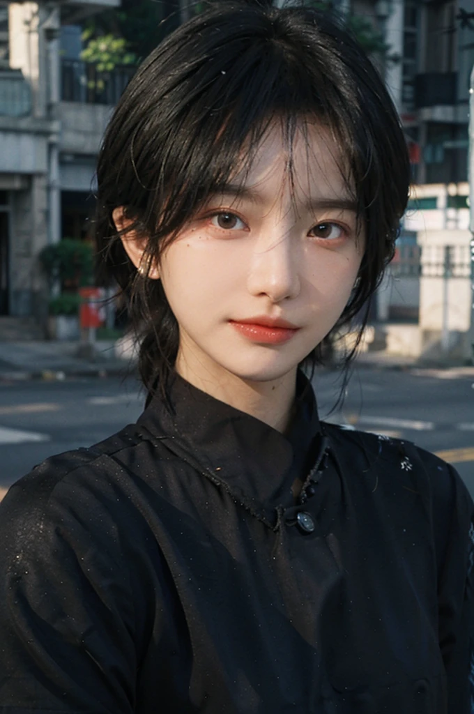 (Skin details:1.4), (smooth skin textures:1.3), (Upper body:1.4),(Upper Body:1.3),(Black clothes:1.4),Lipstick, background, earrings, serene, calm, (Realistic and detailed eyes:1.2), Natural skin texture, Realistic facial details, Soft dramatic lighting, Vivid details, 35 mm film, outdoor, (Photo Practical:1.4), (hyper Practical:1.4), (Practical:1.3), (Smoother lighting:1.05), (Improve lighting quality:0.9), (Highest quality real skin textures:1.4), Exquisite eyes, Delicate face, Close-up of face, (Enhance the beauty of skin texture:1.1),0Normal body proportions, short hair, Moles under the eyes, A faint smile,Portrait Photography, Depth of Field, Bokeh, Surrealism, Ray Tracing, (Portrait Photography:1.1), Surrealism, High Detail, Chiaroscuro, Ray Tracing, reflected light, Ultra HD, Ultra HD, masterpiece, Textured Skin, Super Detail, High Detail, high quality, best quality