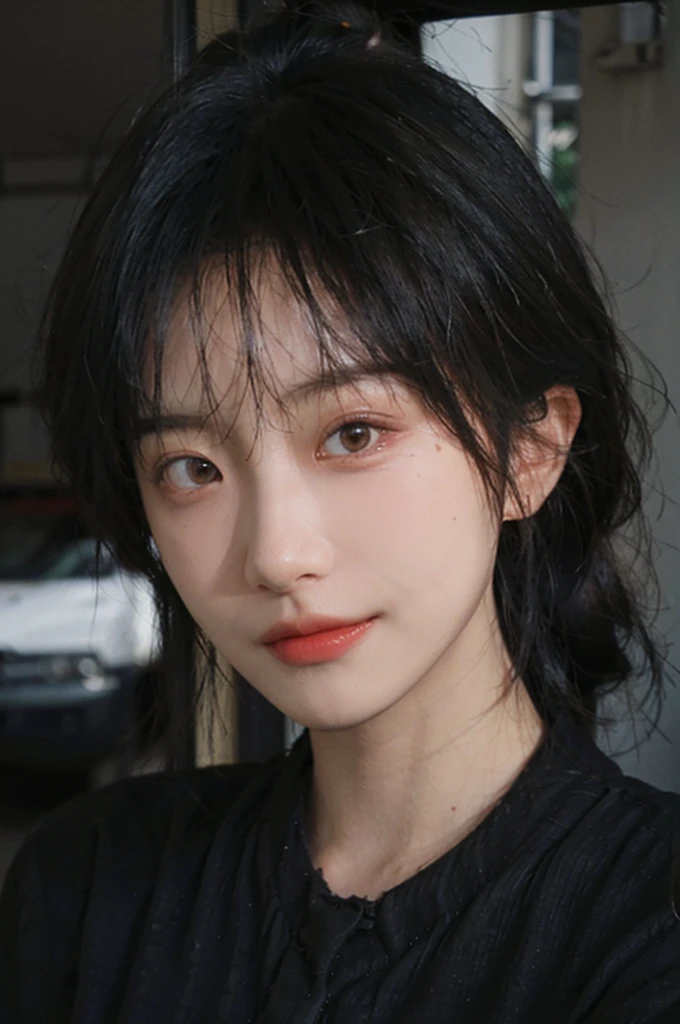 (Skin details:1.4), (smooth skin textures:1.3), (Upper body:1.4),(Upper Body:1.3),(Black clothes:1.4),Lipstick, background, earrings, serene, calm, (Realistic and detailed eyes:1.2), Natural skin texture, Realistic facial details, Soft dramatic lighting, Vivid details, 35 mm film, outdoor, (Photo Practical:1.4), (hyper Practical:1.4), (Practical:1.3), (Smoother lighting:1.05), (Improve lighting quality:0.9), (Highest quality real skin textures:1.4), Exquisite eyes, Delicate face, Close-up of face, (Enhance the beauty of skin texture:1.1),0Normal body proportions, short hair, Moles under the eyes, A faint smile,Portrait Photography, Depth of Field, Bokeh, Surrealism, Ray Tracing, (Portrait Photography:1.1), Surrealism, High Detail, Chiaroscuro, Ray Tracing, reflected light, Ultra HD, Ultra HD, masterpiece, Textured Skin, Super Detail, High Detail, high quality, best quality