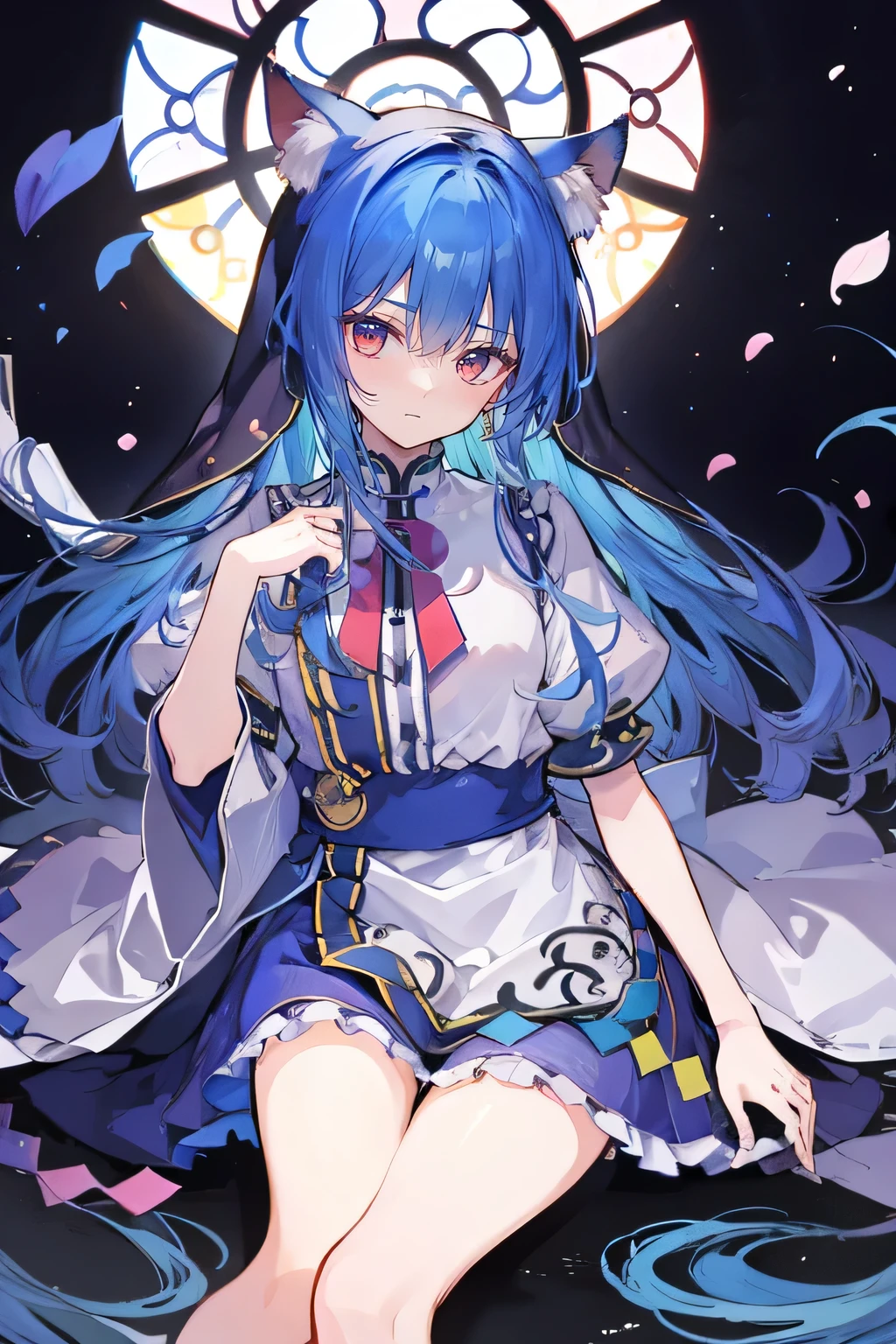 (masterpiece:1.2),Extremely detailed,Practical,expressive eyes,Fair skin,Perfect face shaping,1 Girl,
Japanese cartoons,Gorgeous blue hair, the long flowing blue hair,Floating clothes,Cat ears,Petals fall,beautiful lola,Angel,
Place your hands on your waist,sit elegantly on the ground,Cross your legs,Gentle and peaceful background,stately church,nun。