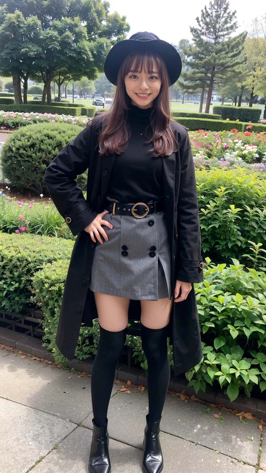 (8K、RAW Photos、Highest quality、masterpiece:1.2)、(Realistic、Realistic)、1 Girl、((Check mini skirt、Long coat、Medium Hair、black、Thin legs、whole body、boots、blackいコート、one piece、tights、garden、View from the front、smile、Looking into the camera、belt、Stand with hands on hips))、cute