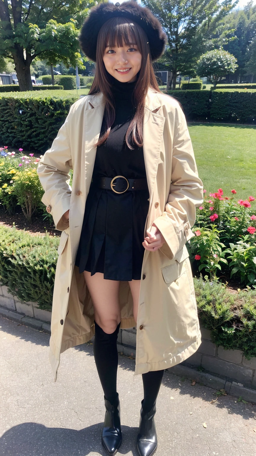 (8K、RAW Photos、Highest quality、masterpiece:1.2)、(Realistic、Realistic)、1 Girl、((Check mini skirt、Long coat、Medium Hair、black、Thin legs、whole body、boots、blackいコート、one piece、tights、garden、View from the front、smile、Looking into the camera、belt、Stand with hands on hips))、cute