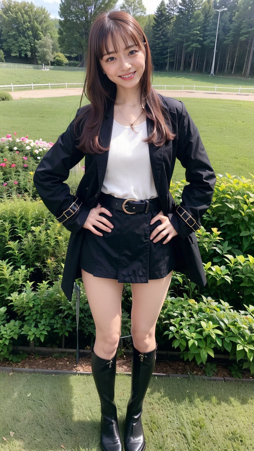 (8K、RAW Photos、Highest quality、masterpiece:1.2)、(Realistic、Realistic)、1 Girl、((Check mini skirt、Long coat、Medium Hair、black、Thin legs、whole body、boots、blackいコート、one piece、tights、garden、View from the front、smile、Looking into the camera、belt、Stand with hands on hips))、cute