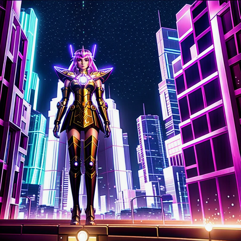 "Create a realistic, highly detailed 8K image of a 20-year-old mystical sorceress woman inspired by Iron Man, wearing a glowing mech with magical runes. She is on a futuristic street full of tall buildings and neon lights, in a scene urban nightlife in cyberpunk style. The mix of magic and technology creates a unique science fiction atmosphere."