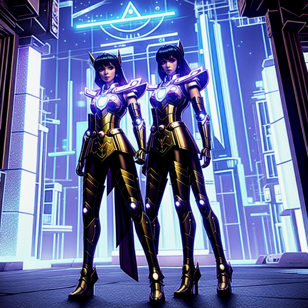 "Create a realistic, highly detailed 8K image of a 20-year-old mystical sorceress woman inspired by Iron Man, wearing a glowing mech with magical runes. She is on a futuristic street full of tall buildings and neon lights, in a scene urban nightlife in cyberpunk style. The mix of magic and technology creates a unique science fiction atmosphere."
