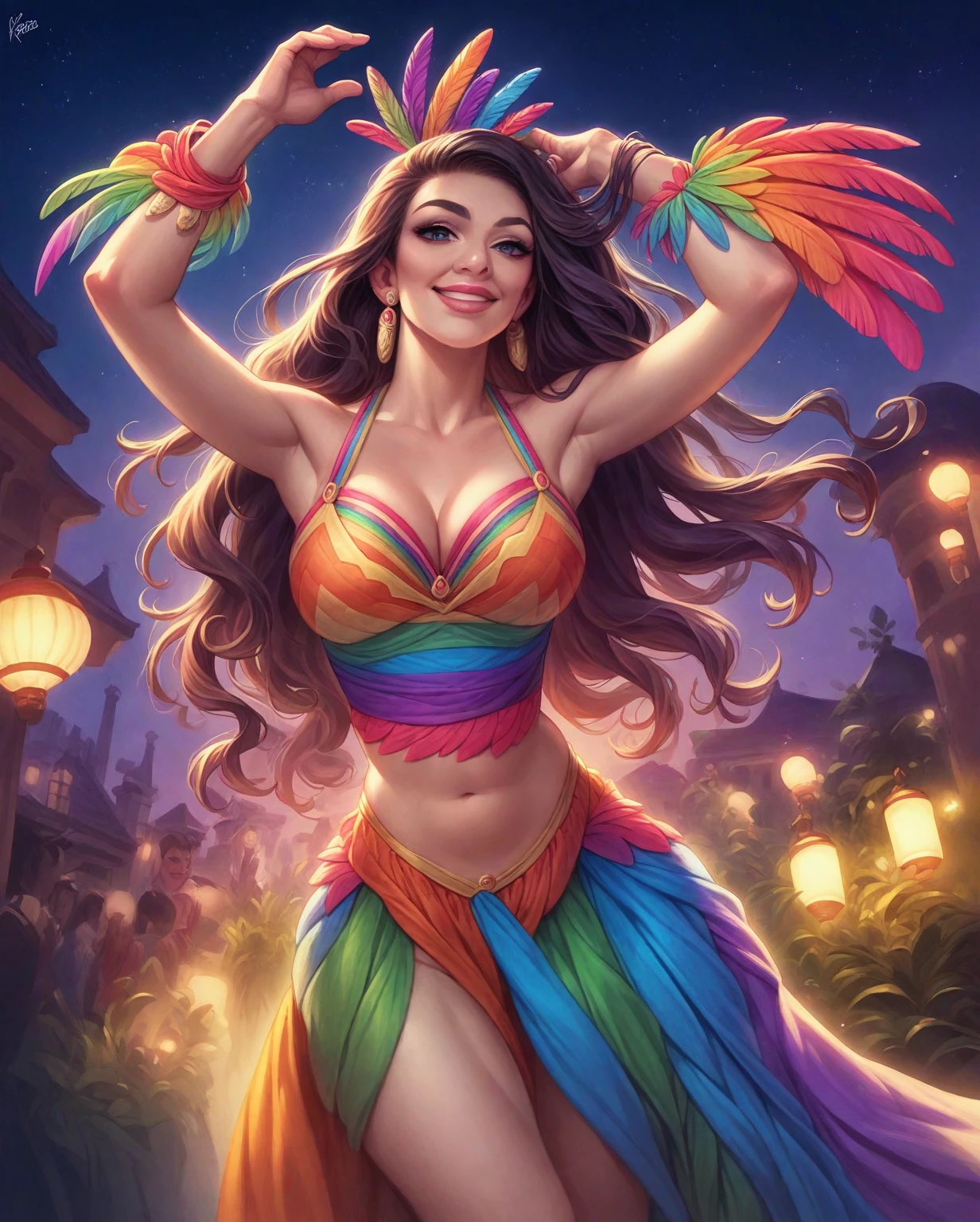 Fantasy setting, bright lights, night scene, rio cranival style, carnival costume, (wearing samba dance dress:1.2), exotic feather costume, cranival parade, outdoor, street background, night sky, romantic and seductive, moonlight, wide angle photo of a Maya Ali, beautiful legs, realistic body parts, cheeks, curvy, big breasts, Hollywood lips, long hair, look at viewer and smile, pleasant mood, calm color palette, vibrant colors, unified 16k wallpaper, ultra realistic, intricate details, masterpiece, (cinematic:1.3), (ArtStation:1.2)