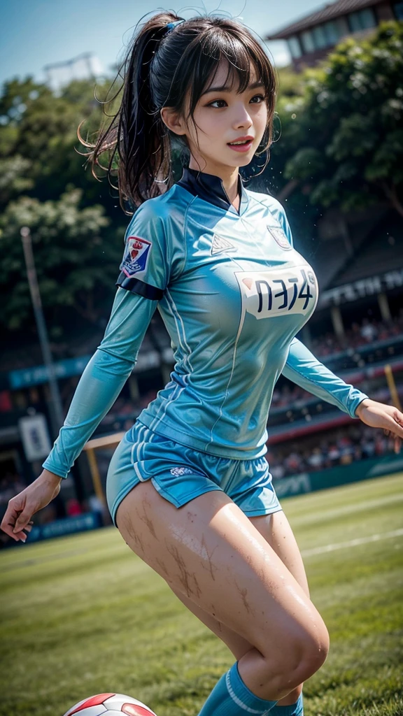 Highest quality, High resolution:1.2, Very detailed, Realistic:1.3, ((Beautiful woman))、((Super tight uniform))、((Big Breasts))、Vibrant colors, play soccer,((Blunt bangs))、Various Hair Styles、Different hair colors、With bangs、Wet Hair, concentrate, splash, Action Shots, Grass blotches, Muddy ground, Wet turf, decide, Fast-paced games, Athletic physique, Shiny soccer ball, Wet Uniform, raindrop, Blurred motion, ボールにconcentrateする, Intense competition, Skillful dribbling, Energetic play, Teamwork, powerful shoots, Wet pitch, Passionate sports, Fierce decide, Humid atmosphere, Fluid movement, emotional expression、Dramatic lighting, Women's Sports, Avid athletes, Exciting Games, Endure, Excited state, Speed and agility, Energetic play, 濡れたsplash、smile、Red Uniform