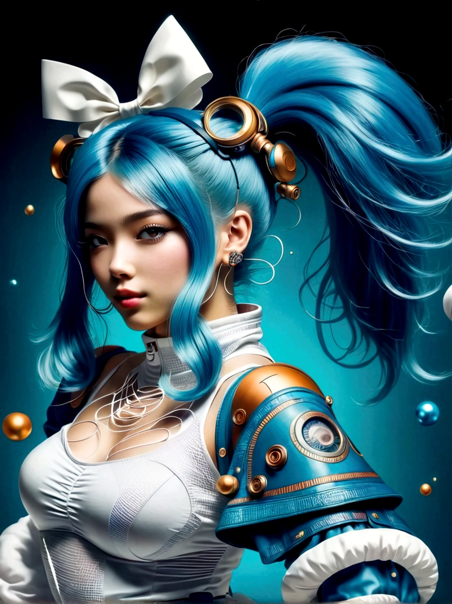 (A young woman with cyan hair in double ponytails:1.5)，Wearing a futuristic outfit，Consists of an electronic-themed dress，(She was wearing transparent high heels made of electronic elements.:1.3)，Her headband consists of a square-shaped emblem.，Hanging ribbons，The color palette includes cyan，black and white，The overall tone is colorful and vibrant，(Full body shot:1.5)，(Vision:1.5)，((Looking directly at the audience，first-person view, ass pov))