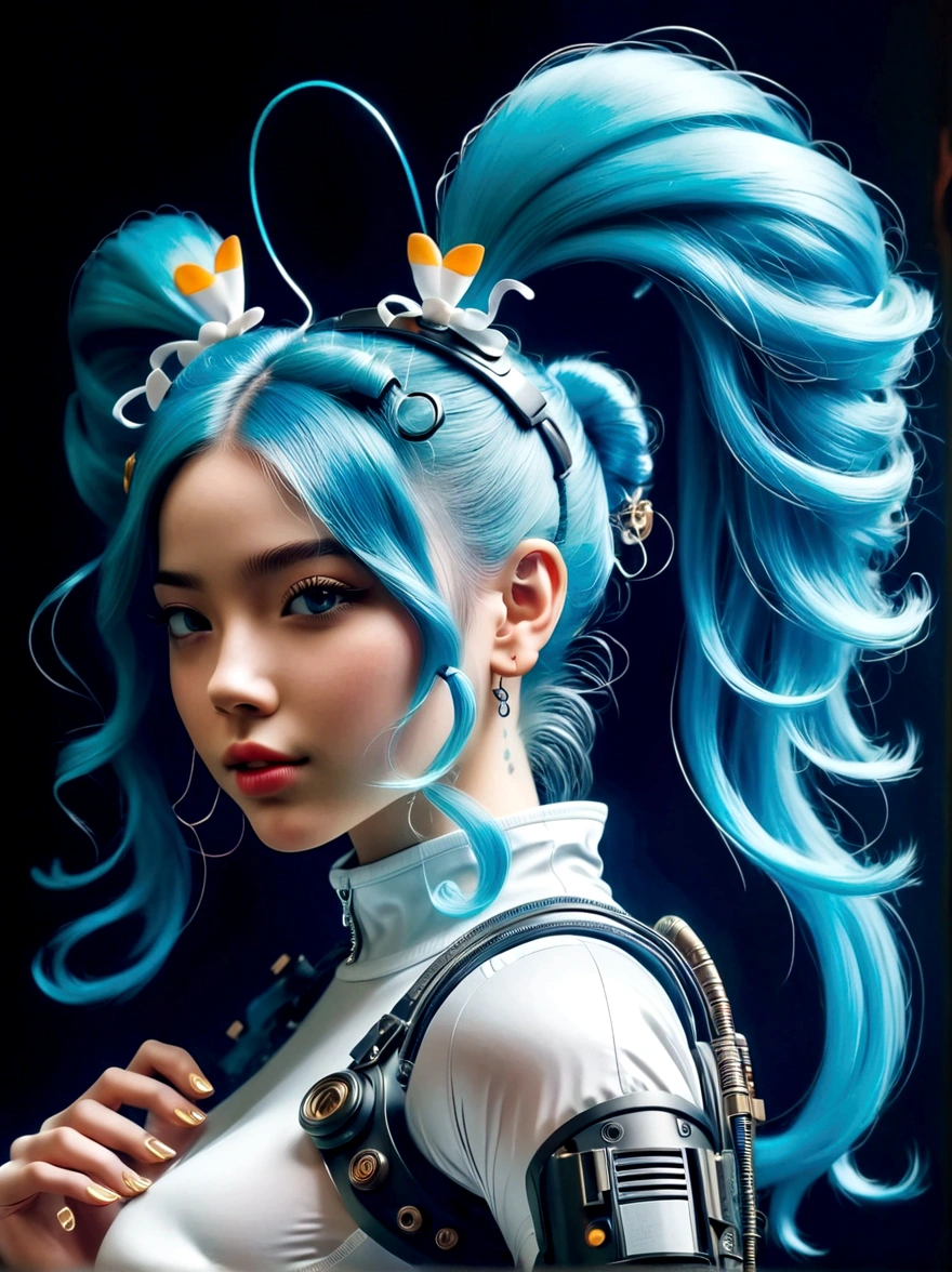 (A young woman with cyan hair in double ponytails:1.5)，Wearing a futuristic outfit，Consists of an electronic-themed dress，(She was wearing transparent high heels made of electronic elements.:1.3)，Her headband consists of a square-shaped emblem.，Hanging ribbons，The color palette includes cyan，black and white，The overall tone is colorful and vibrant，(Full body shot:1.5)，(Vision:1.5)，((Looking directly at the audience，first-person view, ass pov))