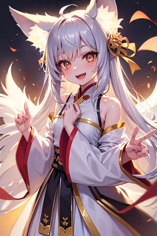 1girl, solo, young girl, silver hair, golden eyes, fox ears, fox girl, angel wings, hanfu, silk, long sleeves, open mouth, smile, fangs, look at the audience, silent echo