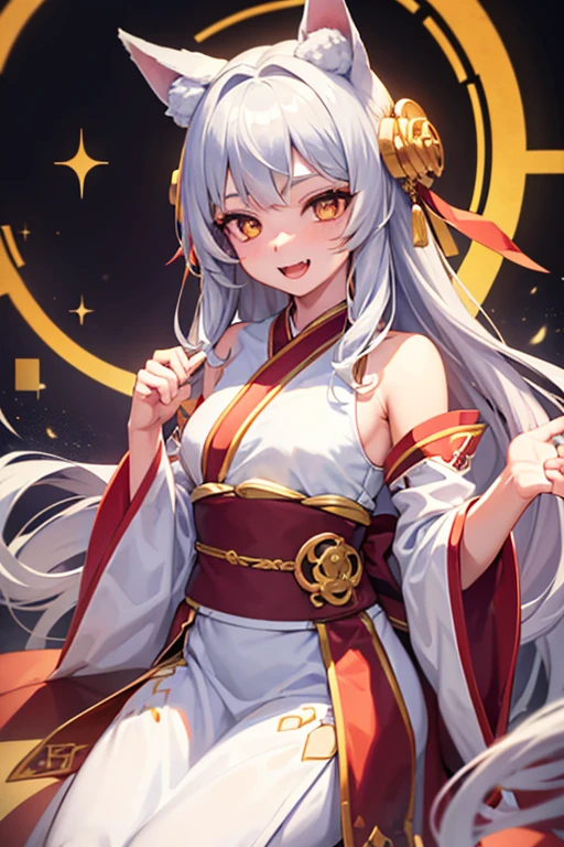 1girl, solo, young girl, silver hair, golden eyes, fox ears, fox girl, angel wings, hanfu, silk, long sleeves, open mouth, smile, fangs, look at the audience, silent echo