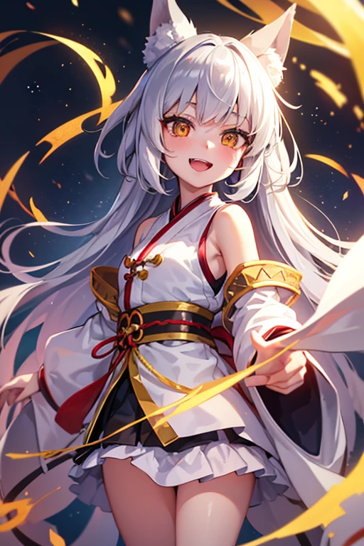 1girl, solo, young girl, silver hair, golden eyes, fox ears, fox girl, angel wings, hanfu, silk, long sleeves, open mouth, smile, fangs, look at the audience, silent echo