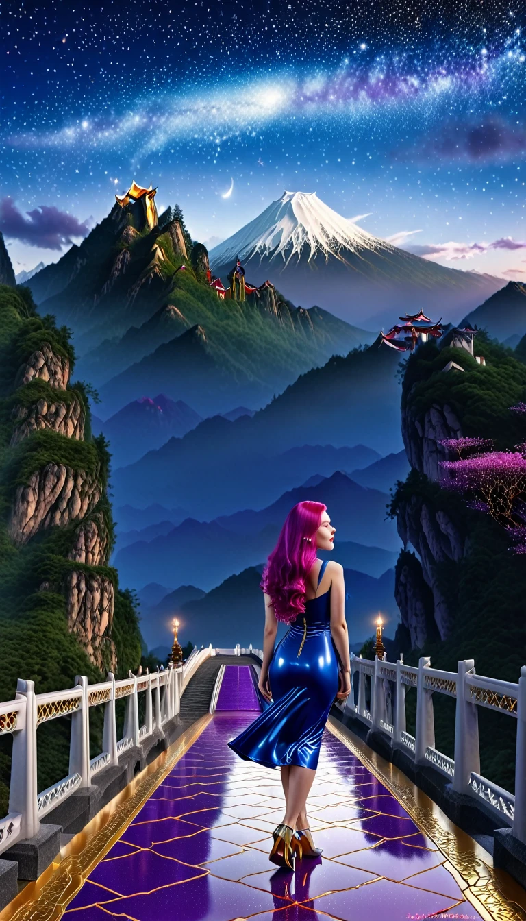 hdr, best image, 8k, photo 3;1, of A beautiful woman, blue latex dress, below the knee, long purple hair, 'black shoes', standing in 1; wide bridge of white ivory with GOLD, red tile floor, high, over the mountains, descending to the infinity of the universe, stars of the cosmos, universe, giant mountain, calm rain.