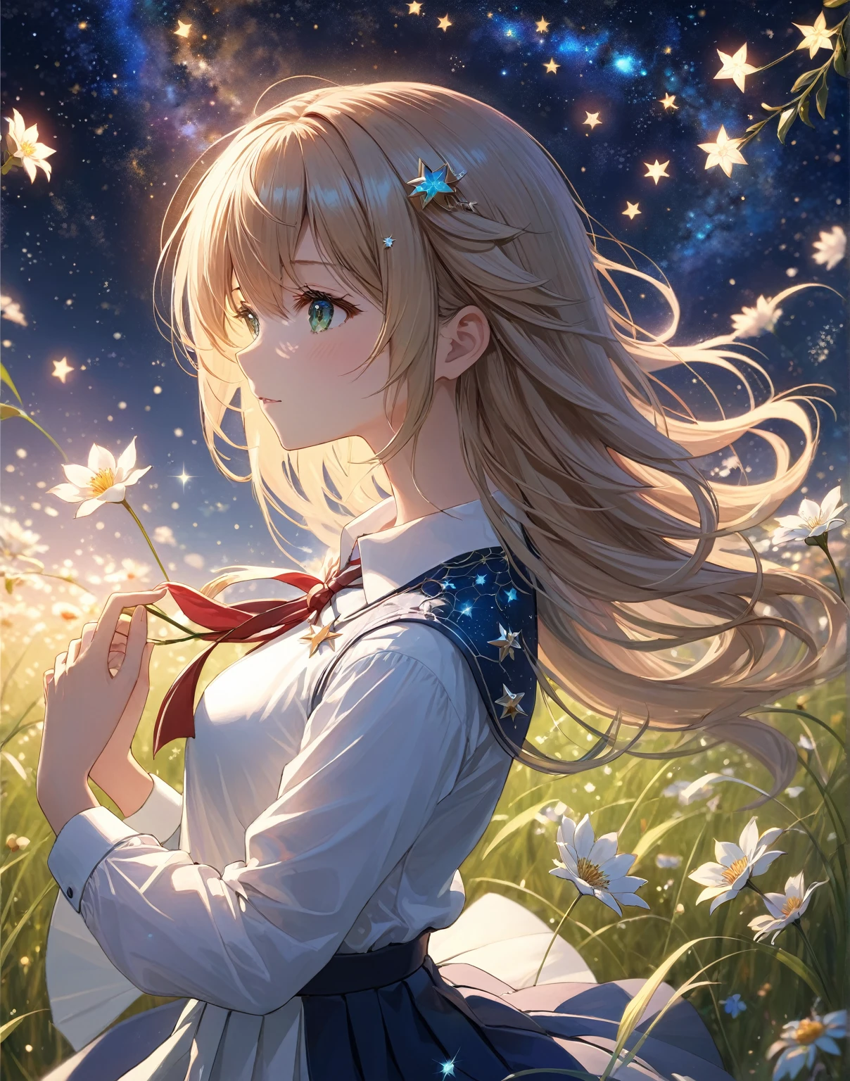 超detailedなイラスト:1.2),Very delicate and beautiful，非常にdetailed，CG，Unity，8k wallpaper，wonderful，detailed，masterpiece，The best quality in the best condition，Official Art，非常にdetailed CG 8k Unbelievably ridiculous resolution,Beautiful and exquisite,High resolution，非常にdetailedな目と顔,1 Girl, Crafting,  Starry Sky. sf. grassland. petal. 
White shirt, skirt, Wind. 
超detailed, Highest quality.
