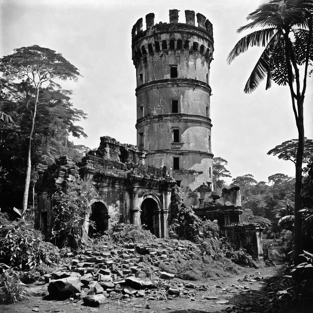 Very old photos, Black and white photography, jungle, Ruins of a large tower, Not distinct