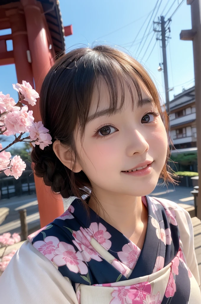 (1 Girl )、(Beautiful Japanese、18years old,round face、Refreshing、clear、seems kind、stylish、Pitiful、cute like an angel、cute、black eyes、(Single eyelid:1.3)、Beautiful skin), {(Japan human face:1.5),(General facial features)} , (((Beautiful breasts:0.4))),(((soft breasts))),(very cute),(Hair tied up),(enchanting eyes),(highlight on eyes:1.2)、(8K、Live shooting、highest quality、masterpiece:1.2、optimal lighting)、((masterpiece)),(Photo taken by a professional photographer),(real、photo real:1.4),BREAK,{(Japanese Yukata),(kimono),(Cute pattern of pink flowers on a white background)},(cheeks are red:1.3), BREAK, BREAK,Face shot:1.3、 face close-up,Looking at viewer,Embarrassed face、Jaw bite,smile、Shy、buzzer、from above,(((1970s vibe)))、dynamic angle、,Lantern、night:1.5,shrine