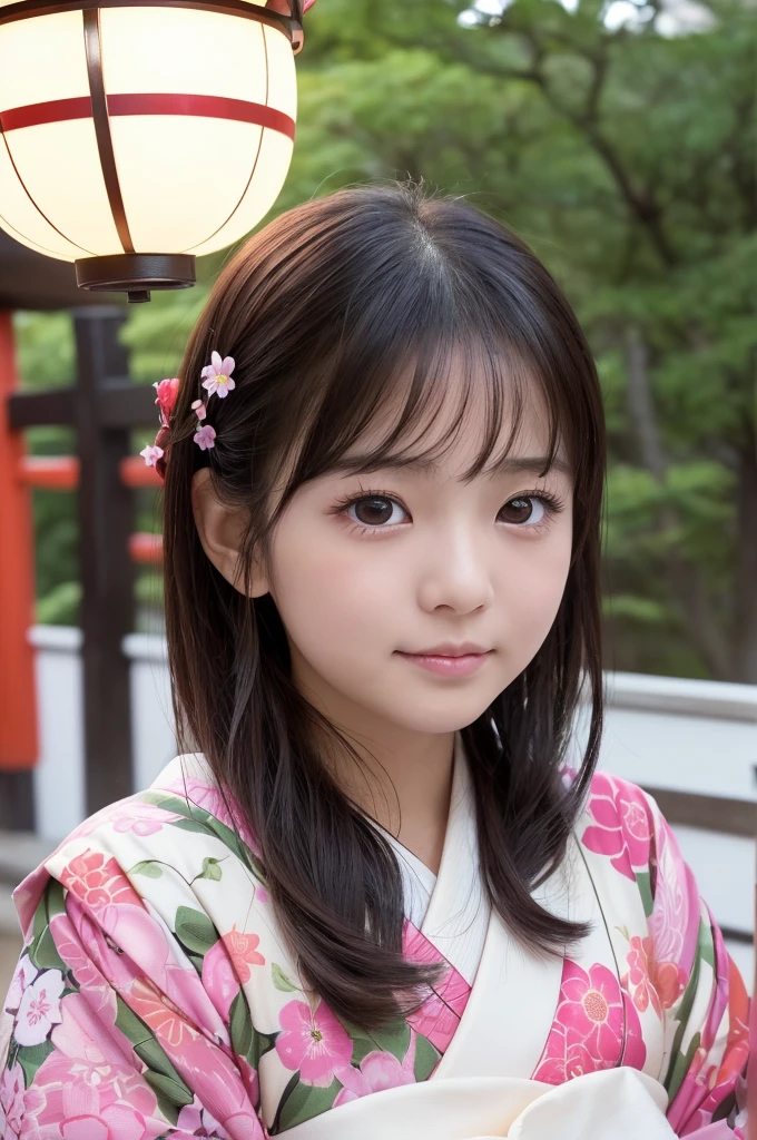 (1 Girl )、(Beautiful Japanese、18years old,round face、Refreshing、clear、seems kind、stylish、Pitiful、cute like an angel、cute、black eyes、(Single eyelid:1.3)、Beautiful skin), {(Japan human face:1.5),(General facial features)} , (((Beautiful breasts:0.4))),(((soft breasts))),(very cute),(Hair tied up),(enchanting eyes),(highlight on eyes:1.2)、(8K、Live shooting、highest quality、masterpiece:1.2、optimal lighting)、((masterpiece)),(Photo taken by a professional photographer),(real、photo real:1.4),BREAK,{(Japanese Yukata),(kimono),(Cute pattern of pink flowers on a white background)},(cheeks are red:1.3), BREAK, BREAK,Face shot:1.3、 face close-up,Looking at viewer,Embarrassed face、Jaw bite,smile、Shy、buzzer、from above,(((1970s vibe)))、dynamic angle、,Lantern、night:1.5,shrine