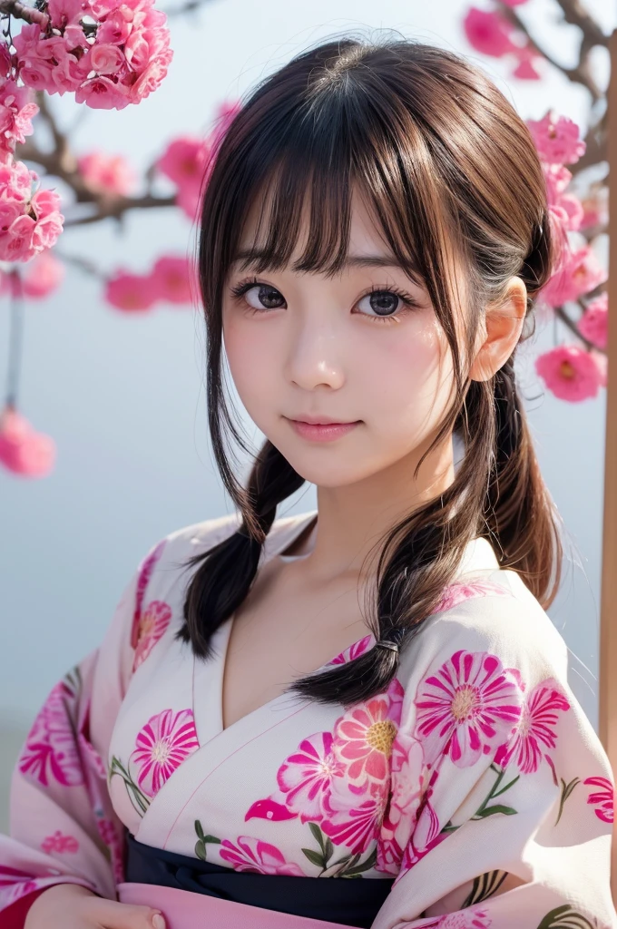 (1 Girl )、(Beautiful Japanese、18years old,round face、Refreshing、clear、seems kind、stylish、Pitiful、cute like an angel、cute、black eyes、(Single eyelid:1.3)、Beautiful skin), {(Japan human face:1.5),(General facial features)} , (((Beautiful breasts:0.4))),(((soft breasts))),(very cute),(Hair tied up),(enchanting eyes),(highlight on eyes:1.2)、(8K、Live shooting、highest quality、masterpiece:1.2、optimal lighting)、((masterpiece)),(Photo taken by a professional photographer),(real、photo real:1.4),BREAK,{(Japanese Yukata),(kimono),(Cute pattern of pink flowers on a white background)},(cheeks are red:1.3), BREAK, BREAK,Face shot:1.3、 face close-up,Looking at viewer,Embarrassed face、Jaw bite,smile、Shy、buzzer、from above,(((1970s vibe)))、dynamic angle、,Lantern、night:1.5,shrine