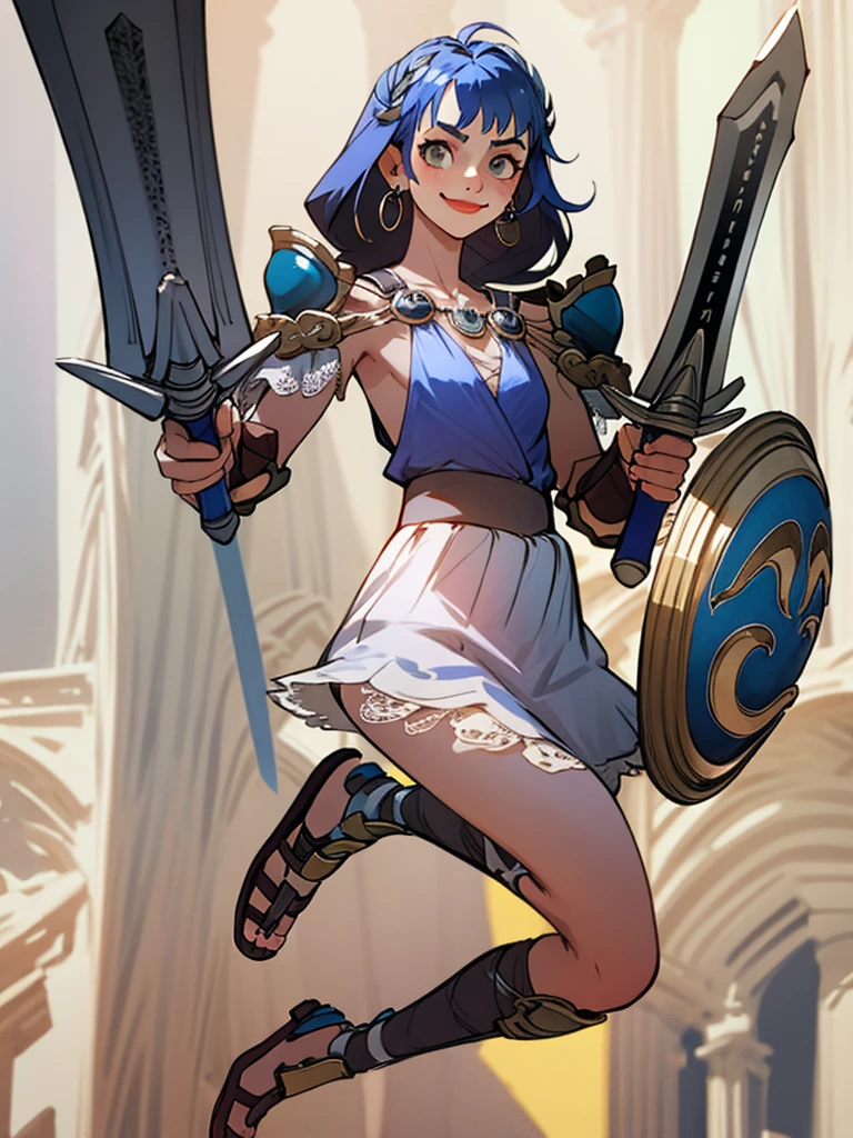 1girl, smile, solo, wearing roman armor, gladiator flat sandals, gladiator skirt, humanoid feet, holding sword, nose ring, septum piercing ring