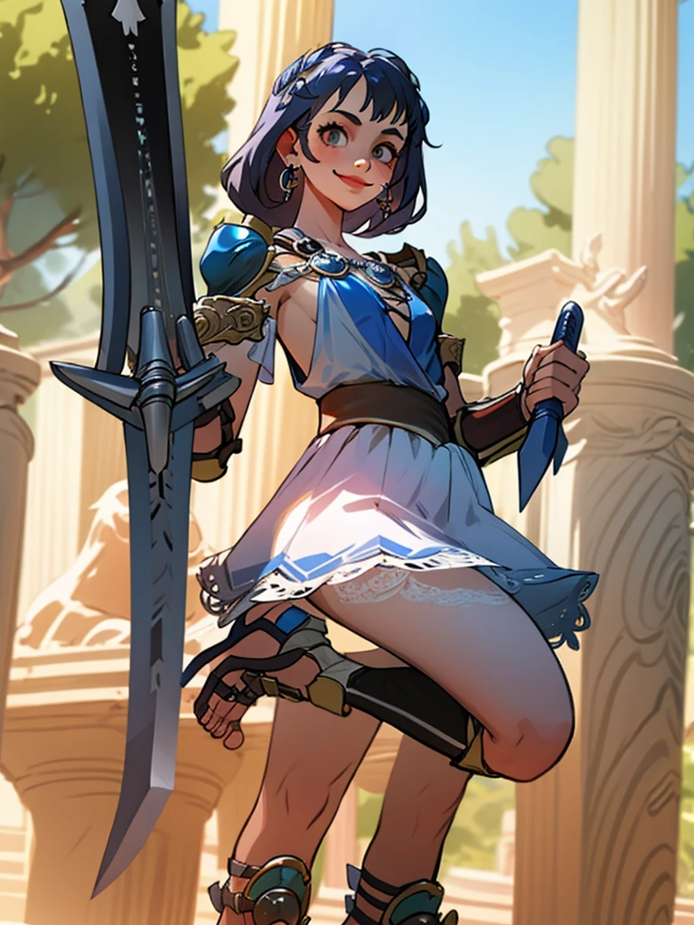 1girl, smile, solo, wearing roman armor, gladiator flat sandals, gladiator skirt, humanoid feet, holding sword, nose ring, septum piercing ring