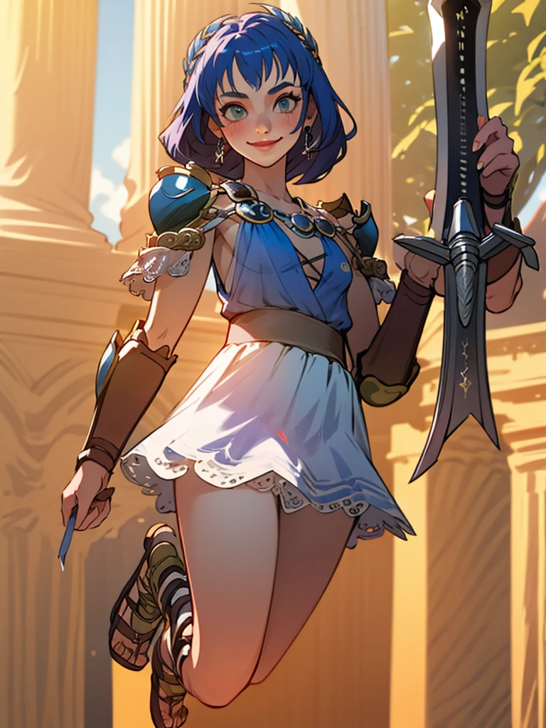 1girl, smile, solo, wearing roman armor, gladiator flat sandals, gladiator skirt, humanoid feet, holding sword, nose ring, septum piercing ring