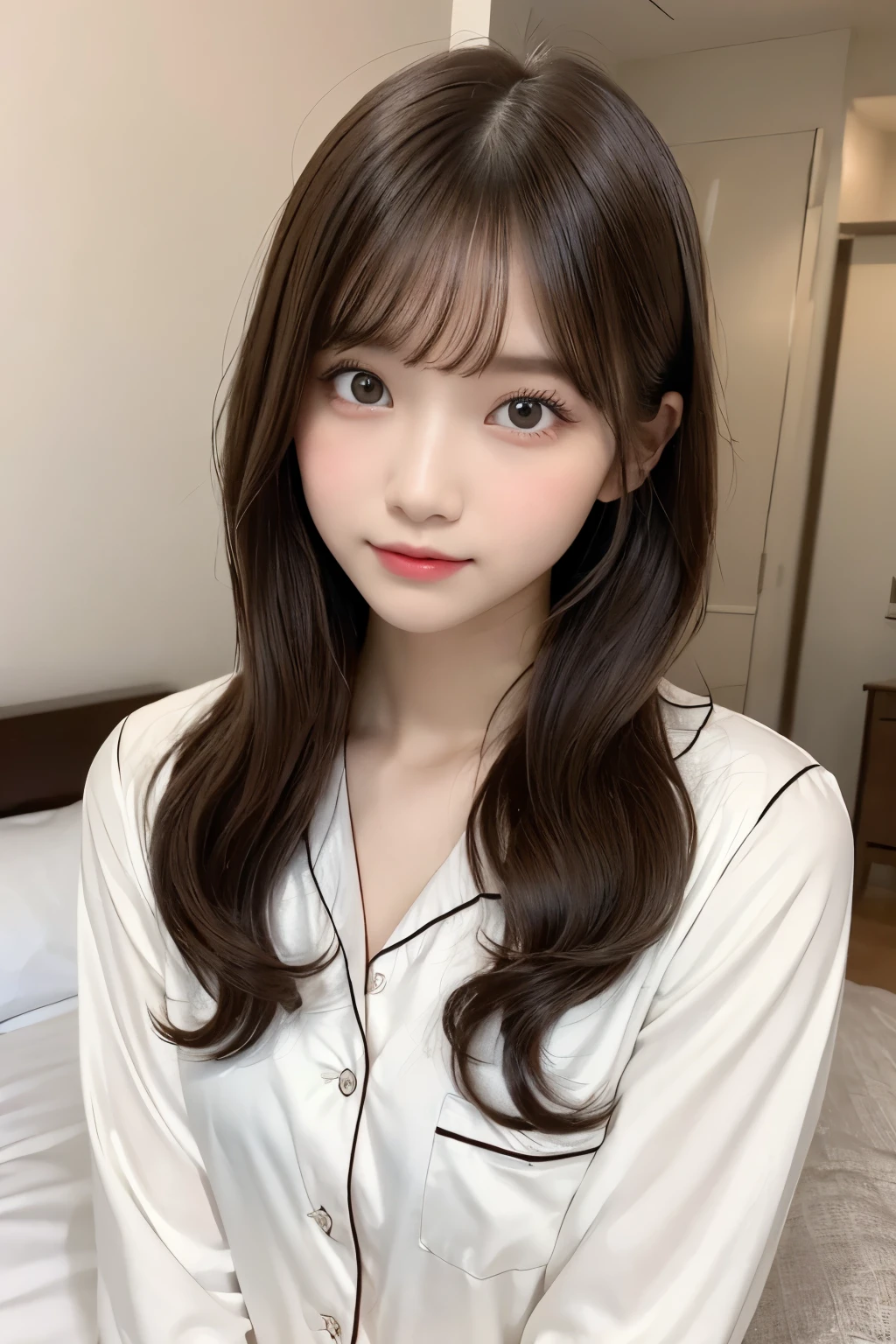 one girl, (a beauty girl, delicate girl:1.3), (13 years old:1.3),
break, (pajamas, white pajamas:1.2),
break, Very fine grain definition, (Symmetrical eyes:1.3),
break, (Bedroom:1.3),
break, Small breasts, Brown eyes, Parted bangs, Brown Hair, girl,
break, (Eye and facial details:1.0),
break, (masterpiece, Highest quality, Super detailed, Detailed face, 8K)