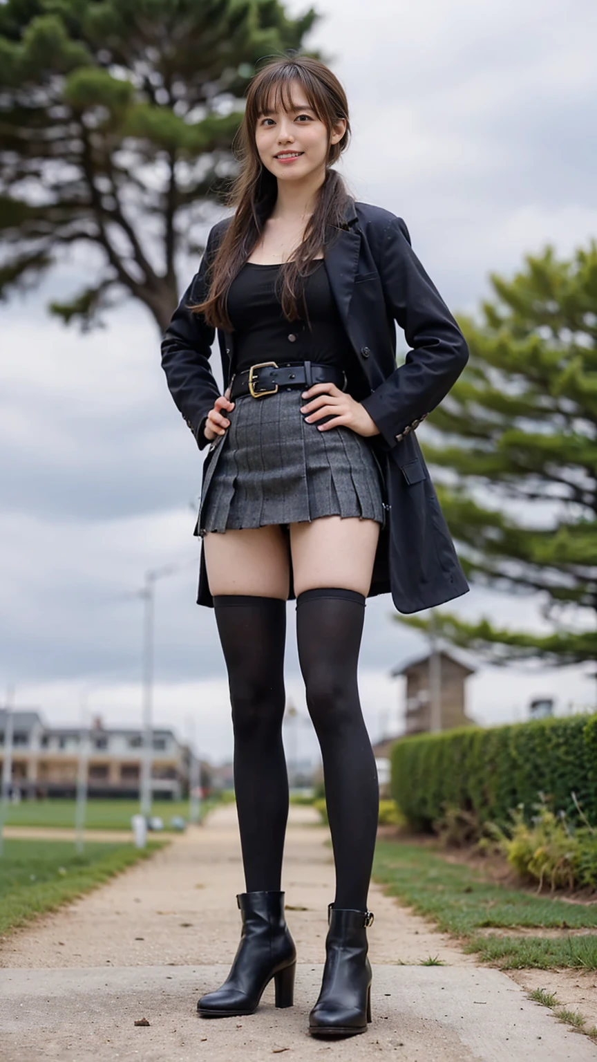(8K、RAW Photos、Highest quality、masterpiece:1.2)、(Realistic、Realistic)、1 Girl、((Check mini skirt、Long coat、Medium Hair、black、Thin legs、whole body、boots、blackいコート、one piece、tights、garden、View from the front、smile、Looking into the camera、belt、Stand with hands on hips))、cute