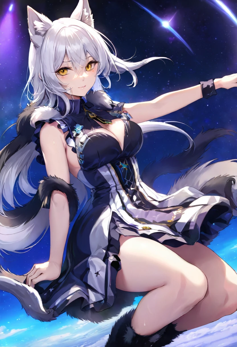 {{{masterpiece}}},{{{ultra detailed 8k cg render}}}, {{{best quality}}}, {{{ultra-detailed}}}, {illustration}, {{delicate and beautiful}}, {{{super detailed skin}}}, (((detailed))), (((beautiful detailed eyes))), (((caustics))),(1girl:1.7),(18 years old),(white-hair:1.7),(straight hair:1.2)(golden eyes:1.5),(evilgrin:1.4),(shiny hair:1.4),(gleaming skin:1.7),(star-shaped pupils:1.2),(madeon:1.7),(5_figners:1.5),(looking_at_viewer:1.7),(sharp eyes:1.4),(large breasts:1.5),(form above:1.5),((furry:1.8)),(wolf:1.6),(wolf ears:1.5),(wolf tail:1.5) ,(fluffy hands:1.4),(over-kneehighs:1.5),(redcolorclothes:1.5),(bare arms:1.4),(zettairyouiki:1.4),(Sexy dress:1.5),Anime