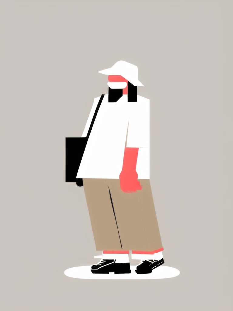 a man with a hat and a backpack standing in front of a gray background, minimalistic illustration, simple and clean illustration, 2d illustration, 2 d illustration, minimalist illustration, simple illustration, flat illustration, #illustration, illustration style, character illustration, character with a hat, digital character illustration, digital illustration, illustration | rutkowski, reduced minimal illustration