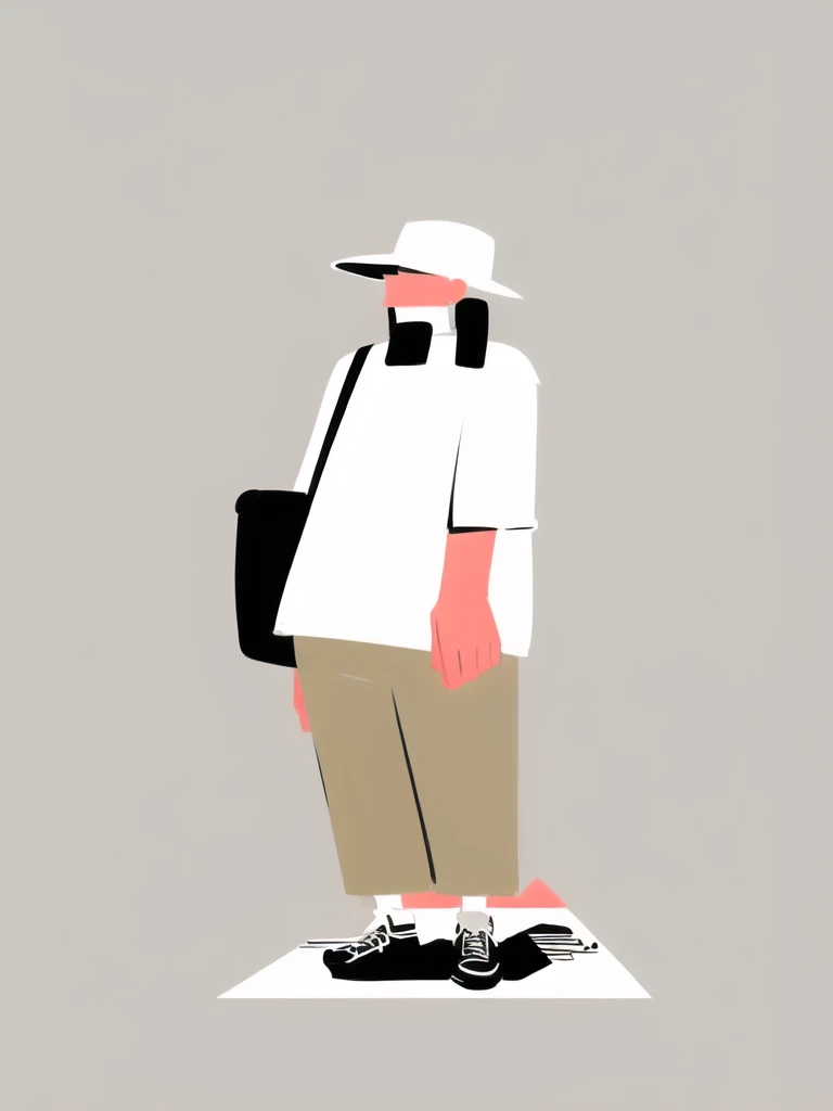 a man with a hat and a backpack standing in front of a gray background, minimalistic illustration, simple and clean illustration, 2d illustration, 2 d illustration, minimalist illustration, simple illustration, flat illustration, #illustration, illustration style, character illustration, character with a hat, digital character illustration, digital illustration, illustration | rutkowski, reduced minimal illustration