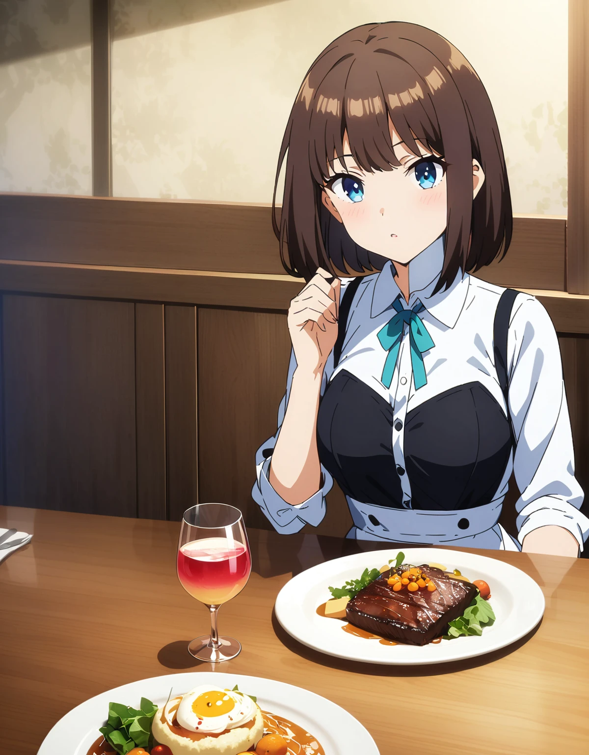 (超detailedなイラスト:1.2),Very delicate and beautiful，非常にdetailed，CG，Unity，8k wallpaper，wonderful，detailed，masterpiece，The best quality in the best condition，Official Art，非常にdetailed CG 8k Unbelievably ridiculous resolution,Beautiful and exquisite,High resolution，非常にdetailedな目と顔,anime girl sitting at a table with a plate of food and a glass of wine, ( waitress ) girl, honest, I also make fan art, shinkai honest, beautiful anime high school girl, tsubasa nakai's style, attractive anime girl, honest shinka, seductive anime girl, Anime Moe Art Style, anime girl drinks energy drink, anime best girl