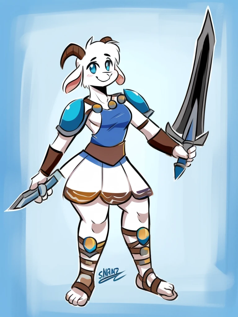 1girl, furry, furry_female, goat_ears, goat_girl, smile, solo, wearing  armor, gladiator flat sandals, gladiator skirt, humanoid feet, holding sword