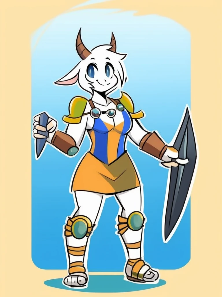 1girl, furry, furry_female, goat_ears, goat_girl, smile, solo, wearing armor, gladiator flat sandals, gladiator skirt, humanoid feet, holding sword