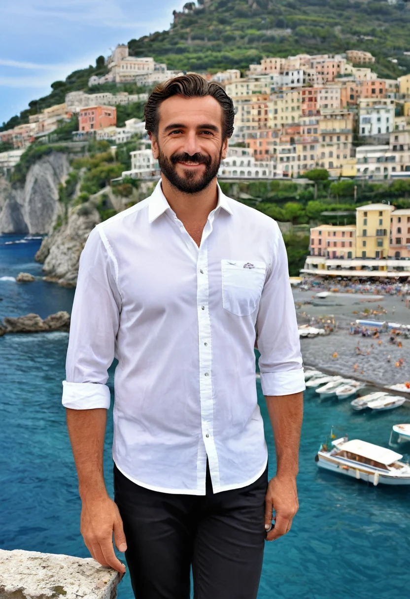 A 35 years old man, with a black pants,white social shirt, italian background, hands on the pocket, amazing italian background, 4k, realistic ,boats are docked in the water near a town on a hill, italian mediterranean city, mediterranean island scenery, italy, southern european scenery, gulf of naples, beautiful italian beach scene, mediterranean city, capri coast, fantasy italy, naples, mediterranean, beautiful place, mediterranean vista, beauitful, incredibly beautiful, unknown, beautiful high resolution, happy italian beach scene, imposing