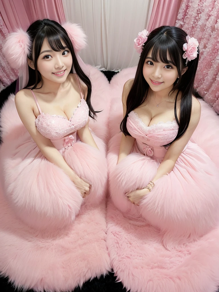 fluffyの毛皮。fluffy。((gorgeous))(smile)(((Pair of women、Pink feminine room、Harem、Beautiful black hair)))。((dress、Fluffy carpet))。Arms outstretched、Armpits。Photos of women wearing fur coats。Brown fur cape。Fisheye Lenultiple women。Black leather bondage))
