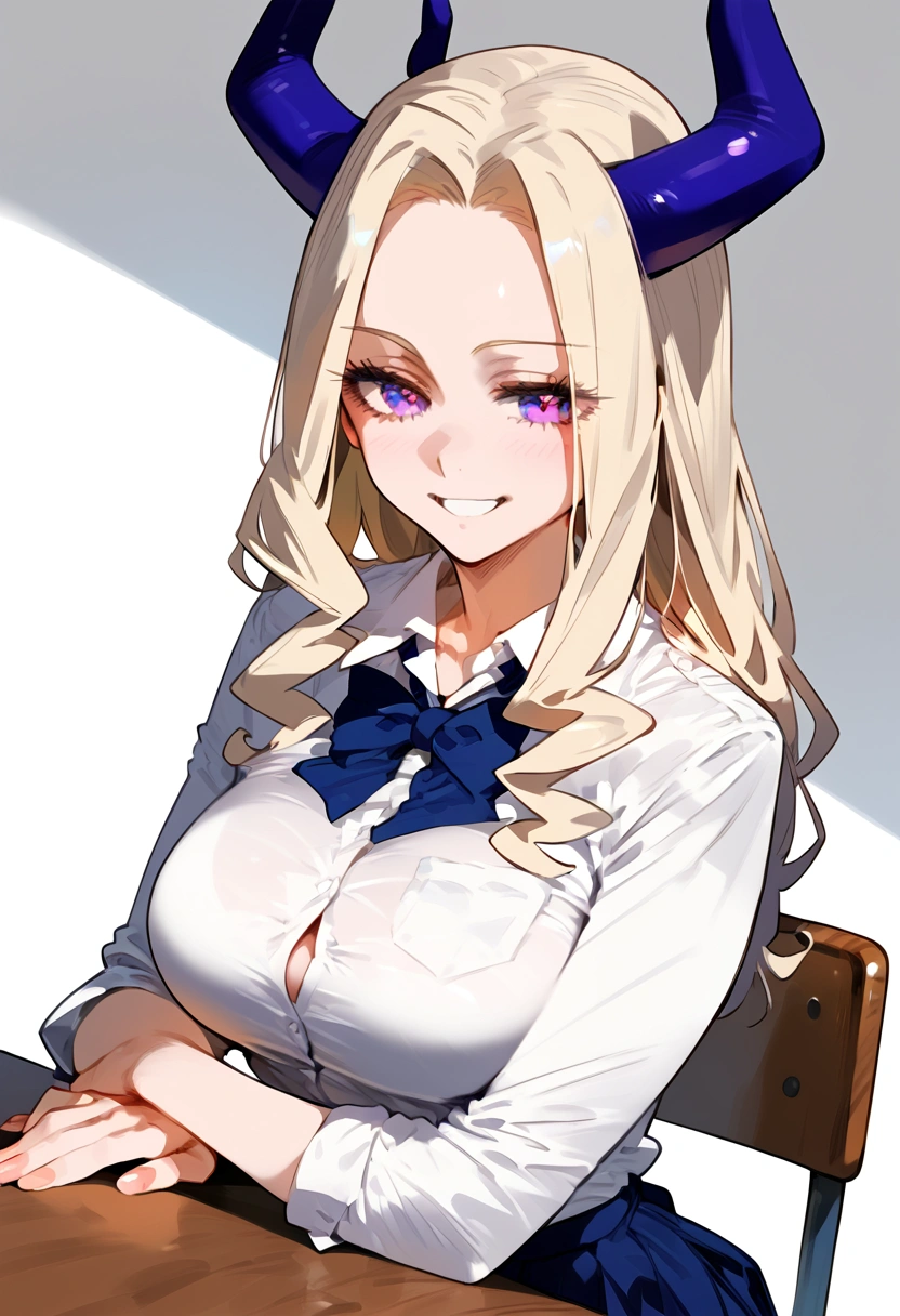 anime artwork, score_9, score_8_up, score_7_up, score_6_up, score_5_up, score_4_up, Mount Lady, blonde hair, purple eyes, big breasts, she is 24 years old, style_3, , , , grey background, (school outfit:1.2) ,, , solo, smile, sit on desk