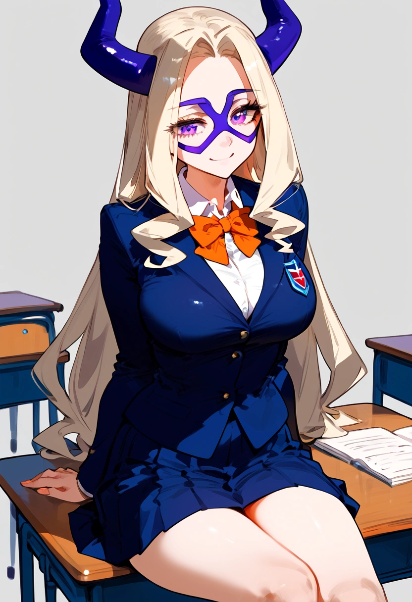 anime artwork, score_9, score_8_up, score_7_up, score_6_up, score_5_up, score_4_up, Mount Lady, blonde hair, purple eyes, big breasts, she is 24 years old, style_3, , , , grey background, (school outfit:1.2) ,, , solo, smile, sit on desk