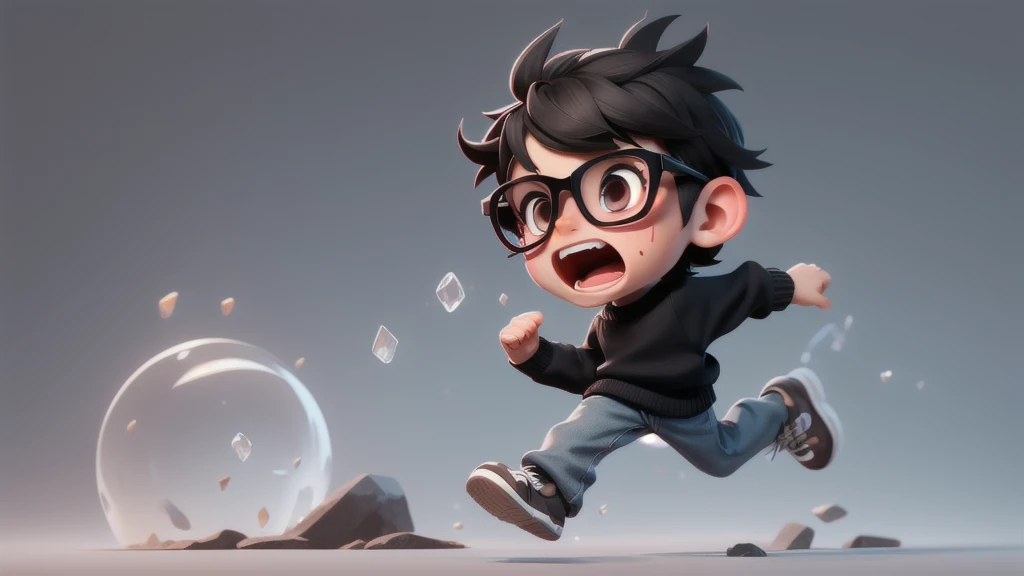 Scared, screaming and running chibi boy with black sweater, dark brown eyes, black glasses, short textured short hair. Clear background